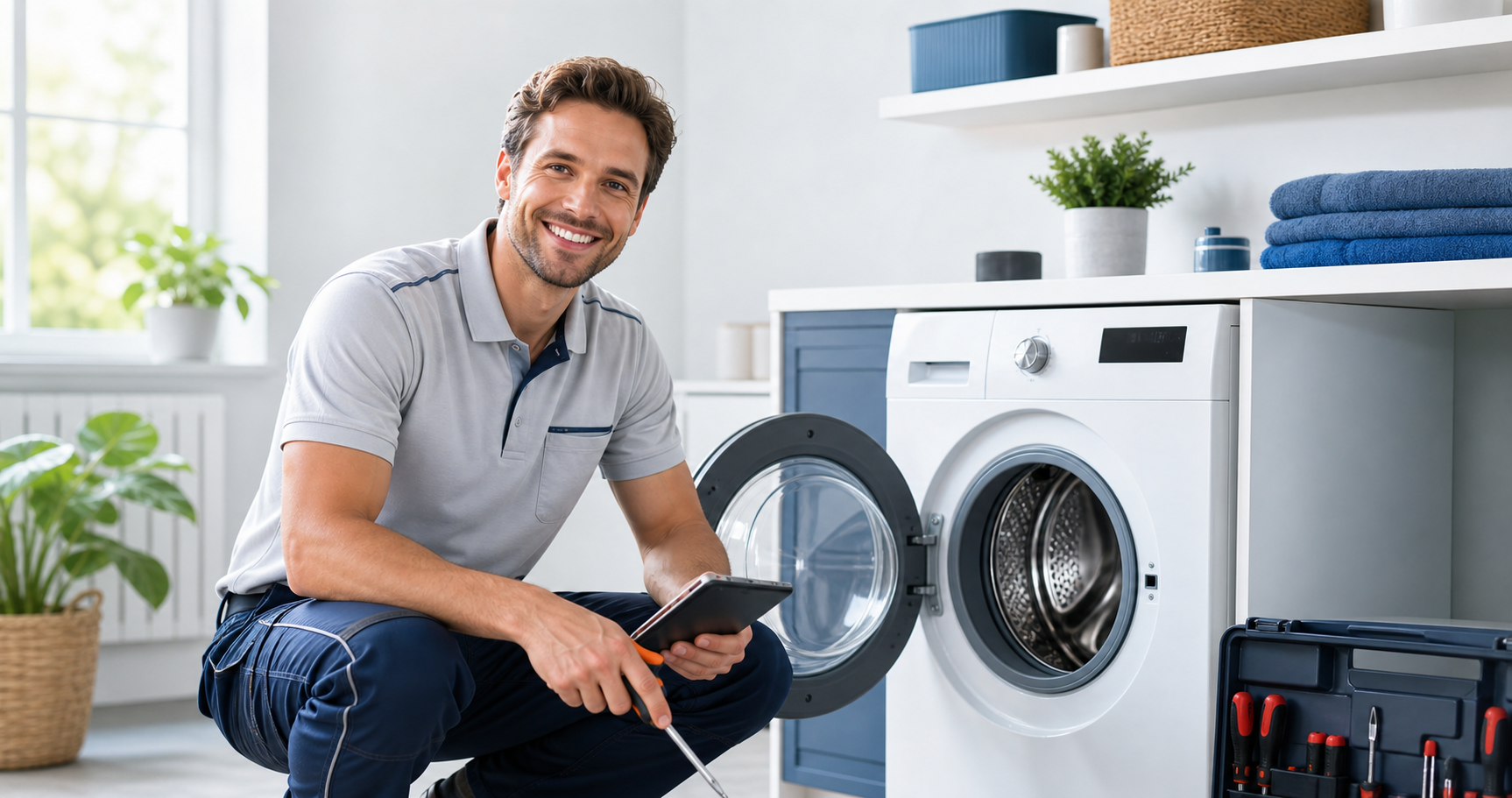 Professionele witgoedmonteur bij een wasmachine